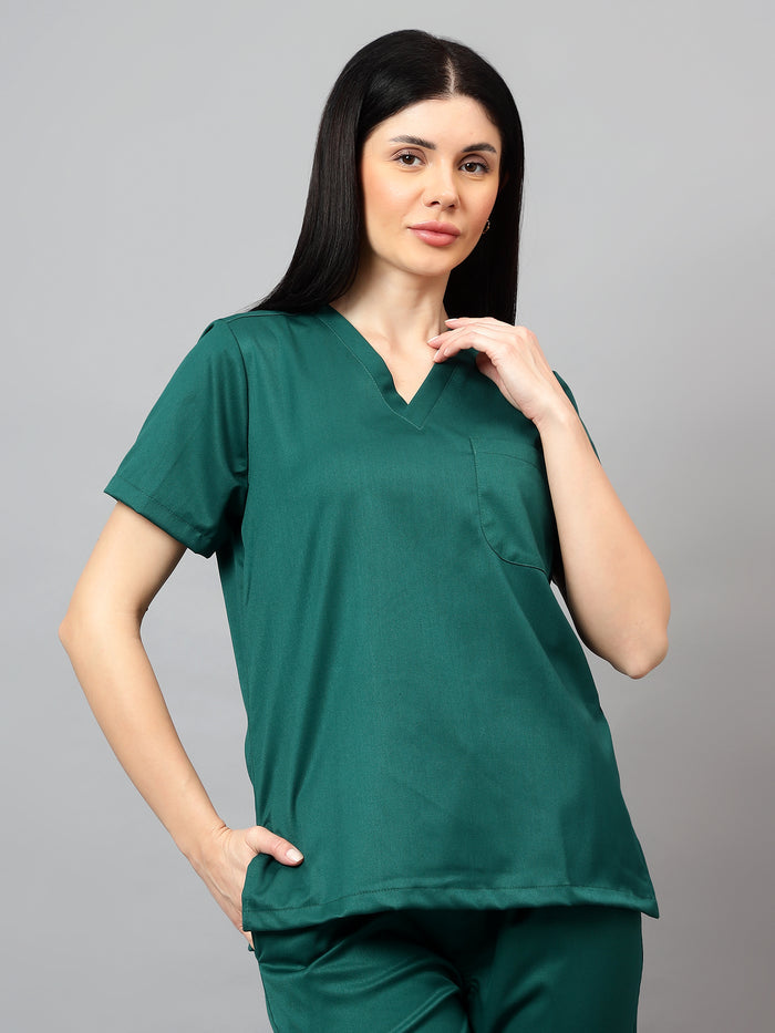 Stretchable (2Way) Women Hunter Green V-Neck With Jogger Scrub Set