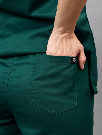 Stretchable (2Way) Women Hunter Green V-Neck With Jogger Scrub Set