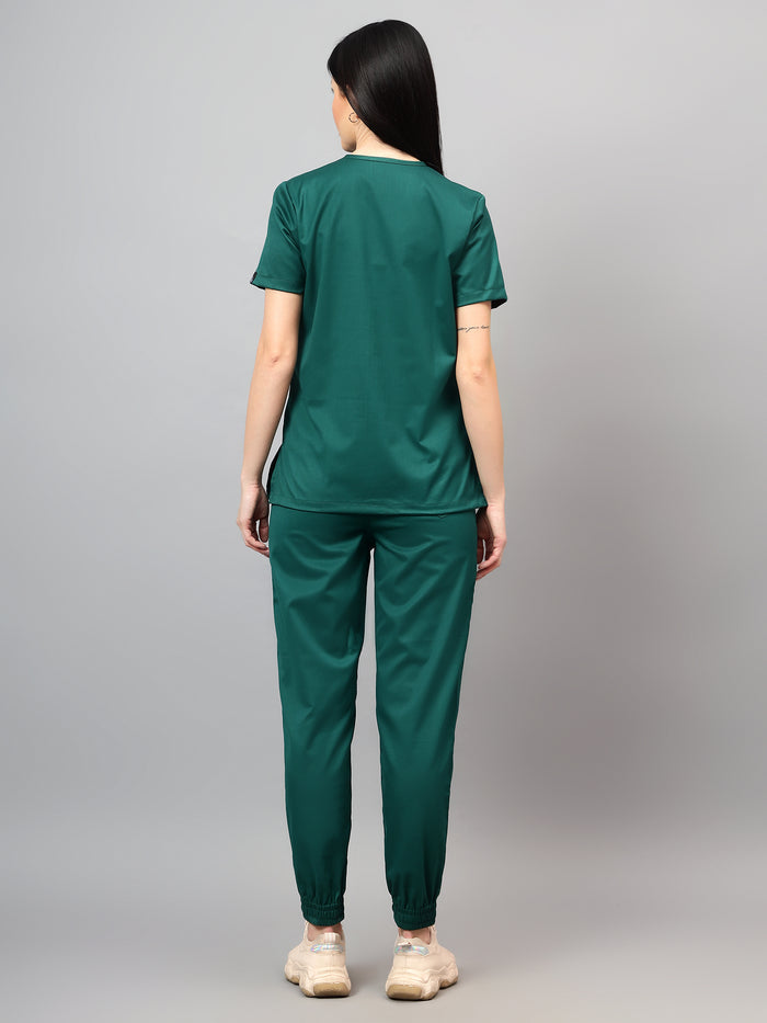 Stretchable (2Way) Women Hunter Green V-Neck With Jogger Scrub Set