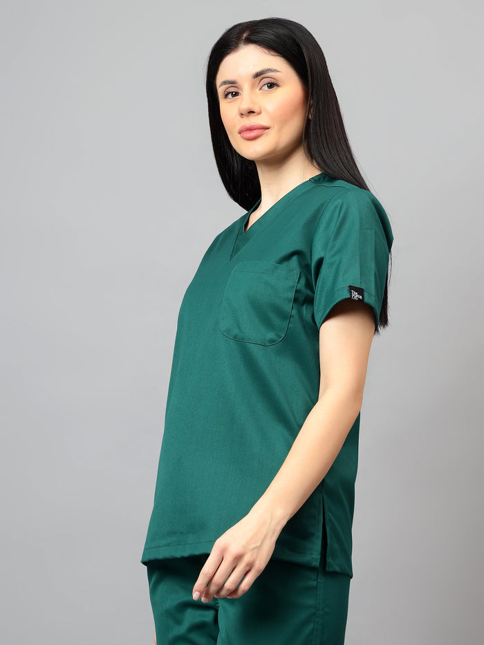 Stretchable (2Way) Women Hunter Green V-Neck With Jogger Scrub Set