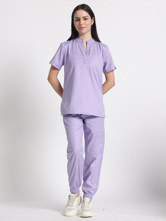 Stretchable (2Way) Women Lavender Mandarin Neck With Jogger Scrub Set