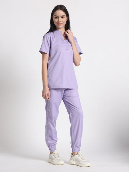 Stretchable (2Way) Women Lavender Mandarin Neck With Jogger Scrub Set