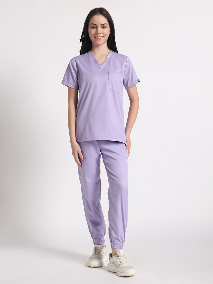 Stretchable (2Way) Women Lavender V-Neck With Jogger Scrub Set