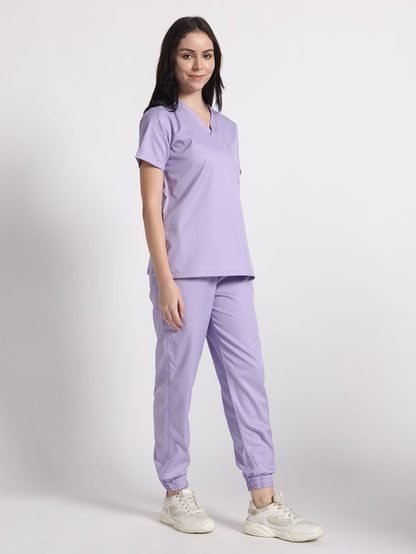 Stretchable (2Way) Women Lavender V-Neck With Jogger Scrub Set