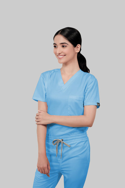 Stretchable (2Way) Women Light Blue V-Neck With Jogger Scrub Set