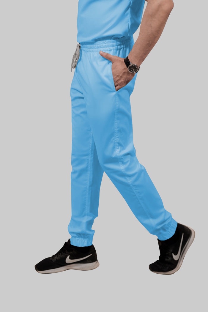 Stretchable (2Way) Women Light Blue V-Neck With Jogger Scrub Set