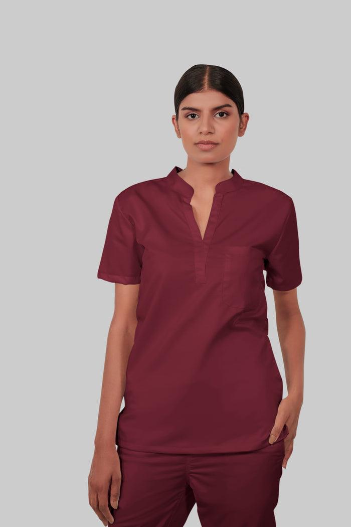Stretchable (2Way) Women Maroon Mandarin Neck With Jogger Scrub Set