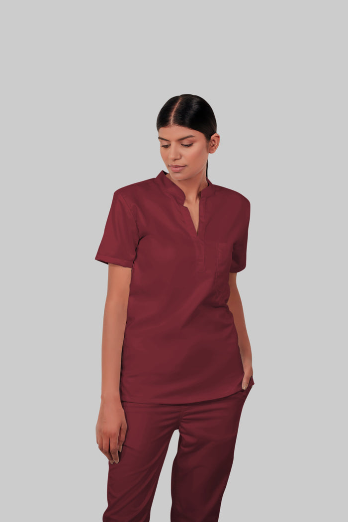 Stretchable (2Way) Women Maroon Mandarin Neck With Jogger Scrub Set