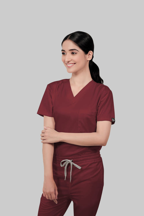 Stretchable (2Way) Women Maroon V-Neck With Jogger Scrub Set
