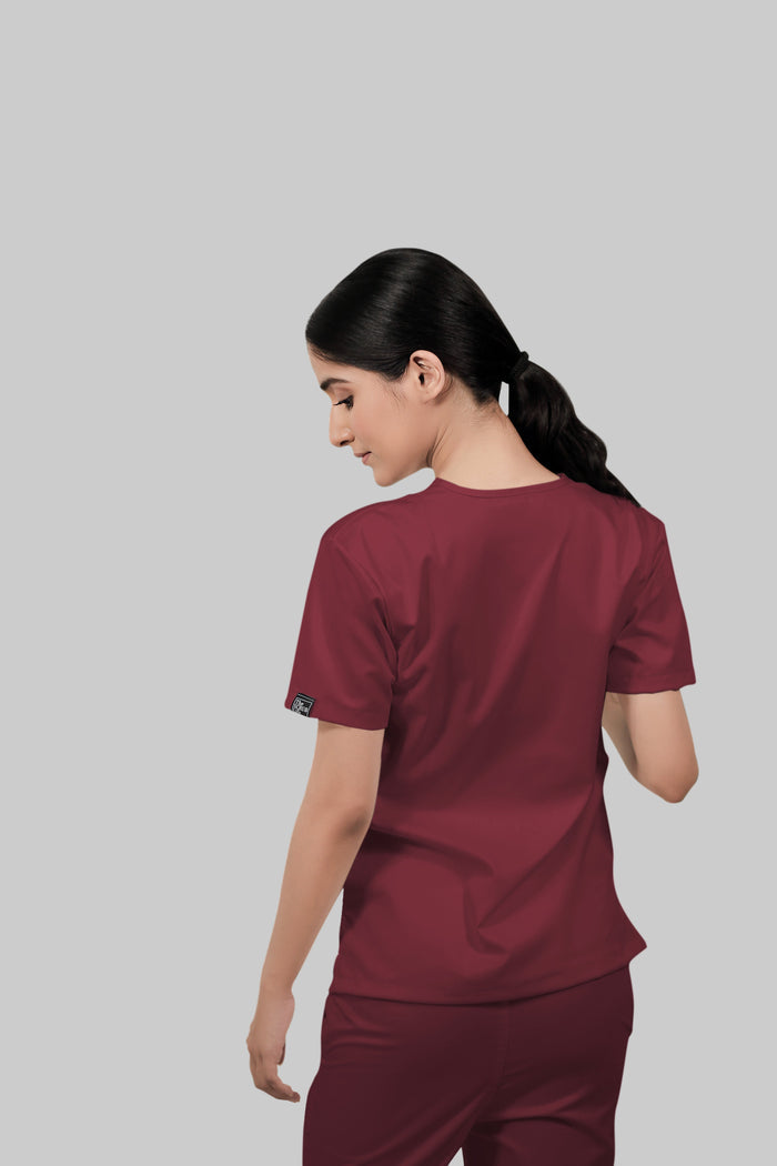 Stretchable (2Way) Women Maroon V-Neck With Jogger Scrub Set