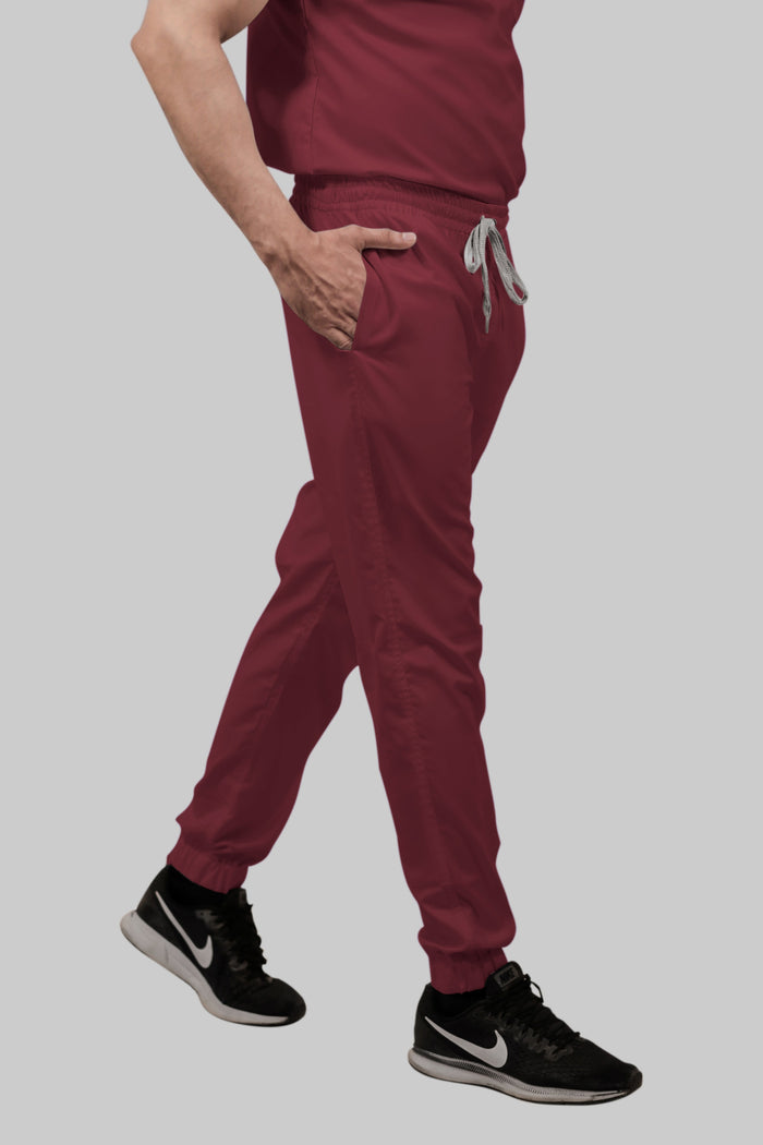 Stretchable (2Way) Women Maroon V-Neck With Jogger Scrub Set