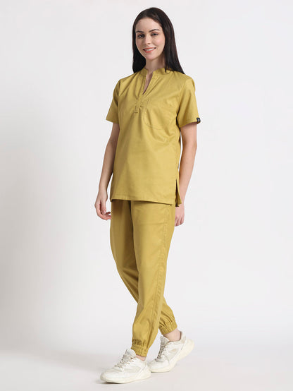 Stretchable (2Way) Women Mustard Mandarin Neck With Jogger Scrub Set