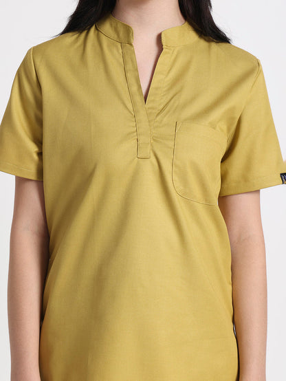 Stretchable (2Way) Women Mustard Mandarin Neck With Jogger Scrub Set