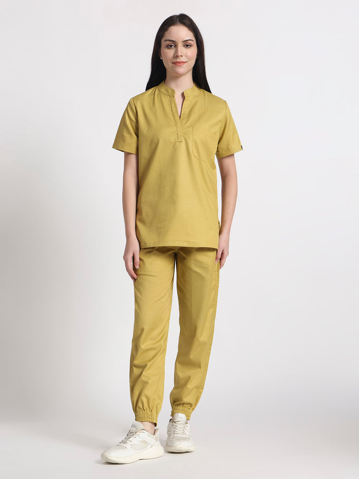 Stretchable (2Way) Women Mustard Mandarin Neck With Jogger Scrub Set