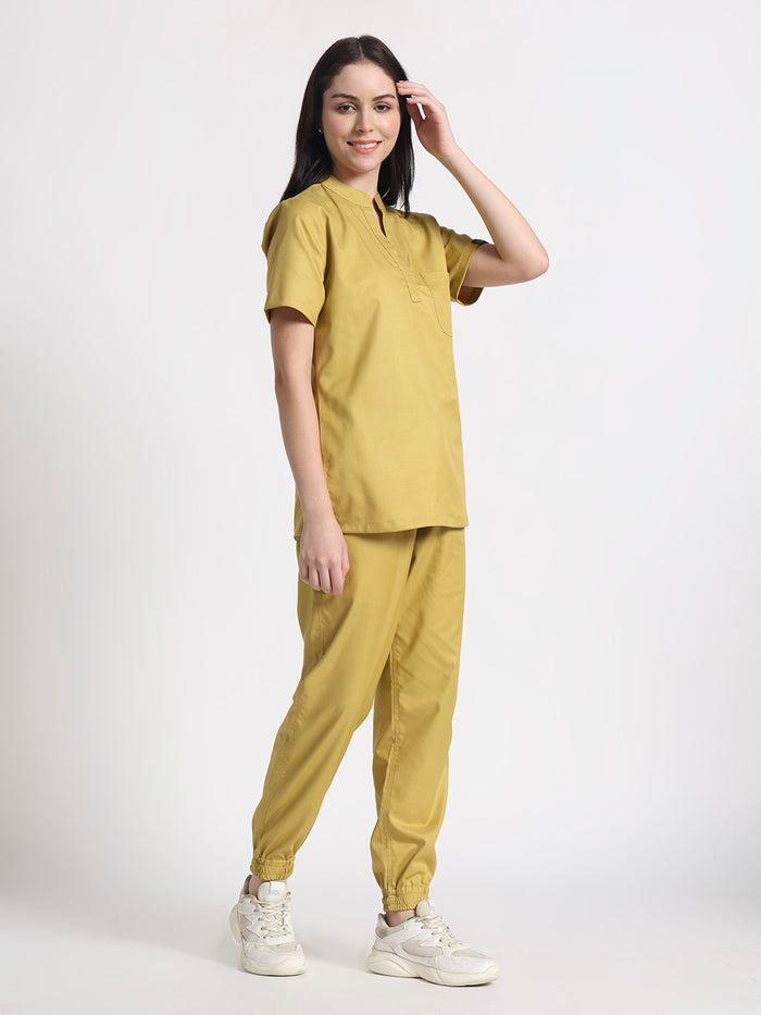 Stretchable (2Way) Women Mustard Mandarin Neck With Jogger Scrub Set