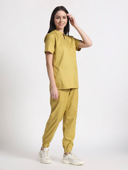 Stretchable (2Way) Women Mustard Mandarin Neck With Jogger Scrub Set