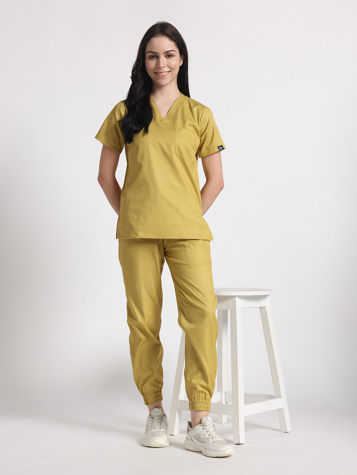 Stretchable (2Way) Women Mustard V-Neck With Jogger Scrub Set