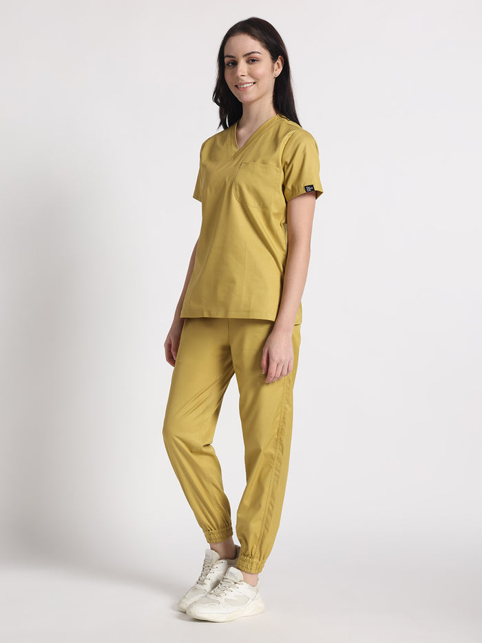 Stretchable (2Way) Women Mustard V-Neck With Jogger Scrub Set