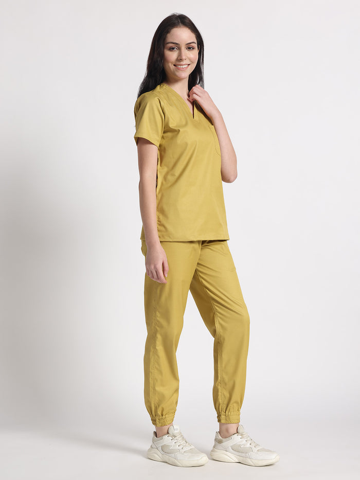 Stretchable (2Way) Women Mustard V-Neck With Jogger Scrub Set
