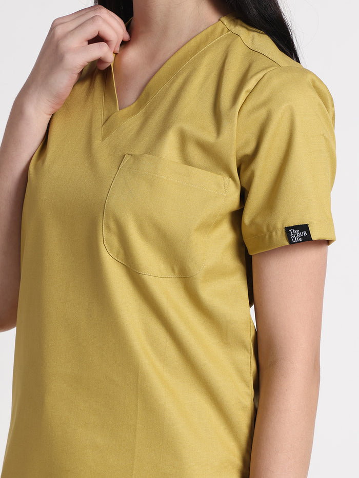 Stretchable (2Way) Women Mustard V-Neck With Jogger Scrub Set