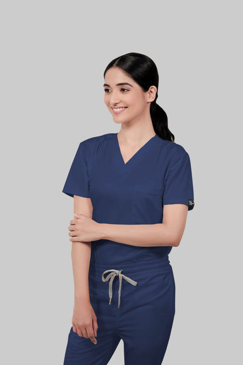 Stretchable (2Way) Women Navy Blue V-Neck With Jogger Scrub Set