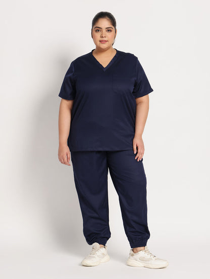 Stretchable (2Way) Women Navy Blue V-Neck With Jogger Scrub Set
