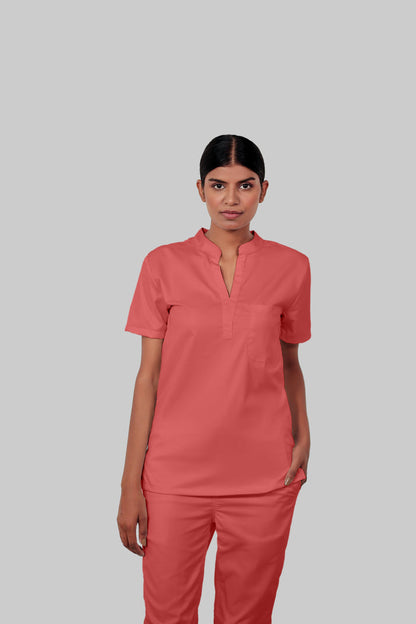 Stretchable (2Way) Women Peach Mandarin Neck With Jogger Scrub Set
