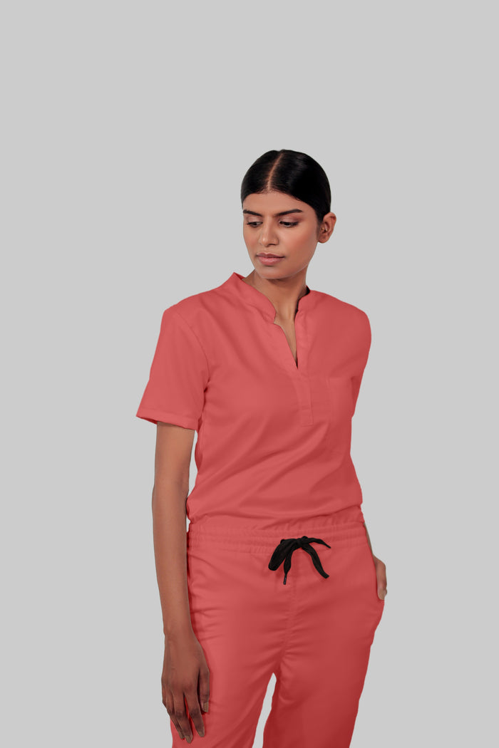 Stretchable (2Way) Women Peach Mandarin Neck With Jogger Scrub Set