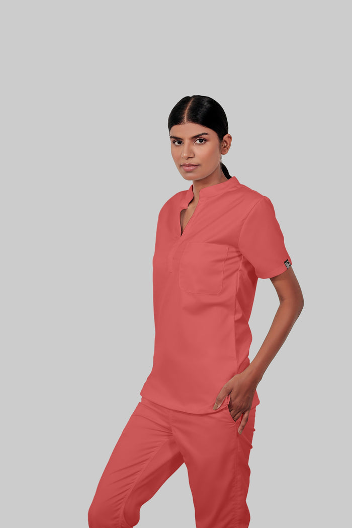 Stretchable (2Way) Women Peach Mandarin Neck With Jogger Scrub Set