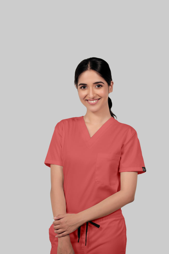 Stretchable (2Way) Women Peach V-Neck With Jogger Set
