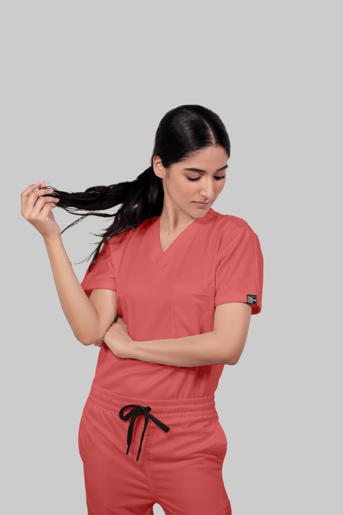 Stretchable (2Way) Women Peach V-Neck With Jogger Set