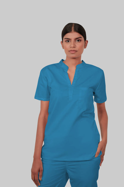 Stretchable (2Way) Women Peacock Blue Mandarin Neck With Jogger Scrub Set