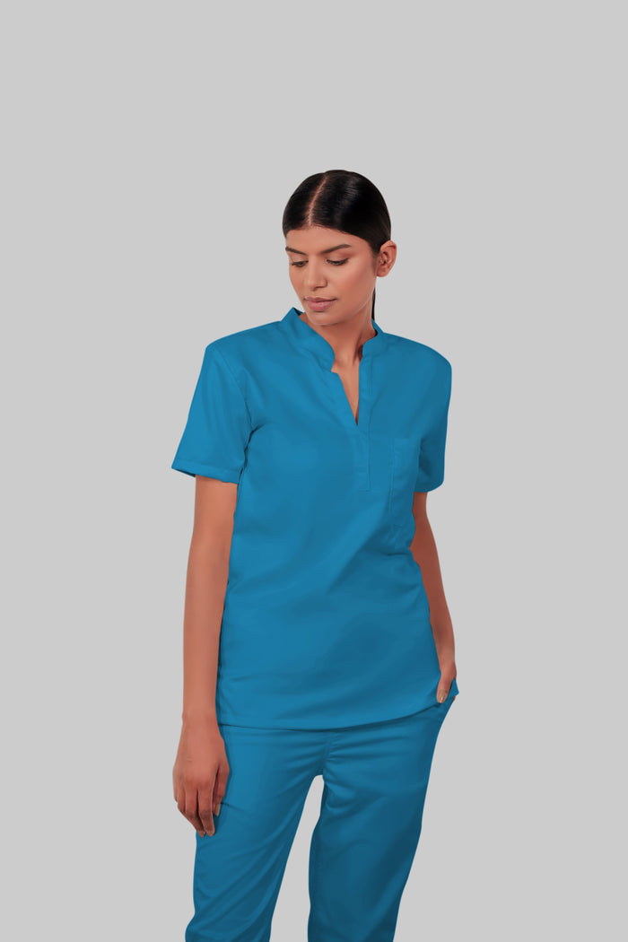Stretchable (2Way) Women Peacock Blue Mandarin Neck With Jogger Scrub Set