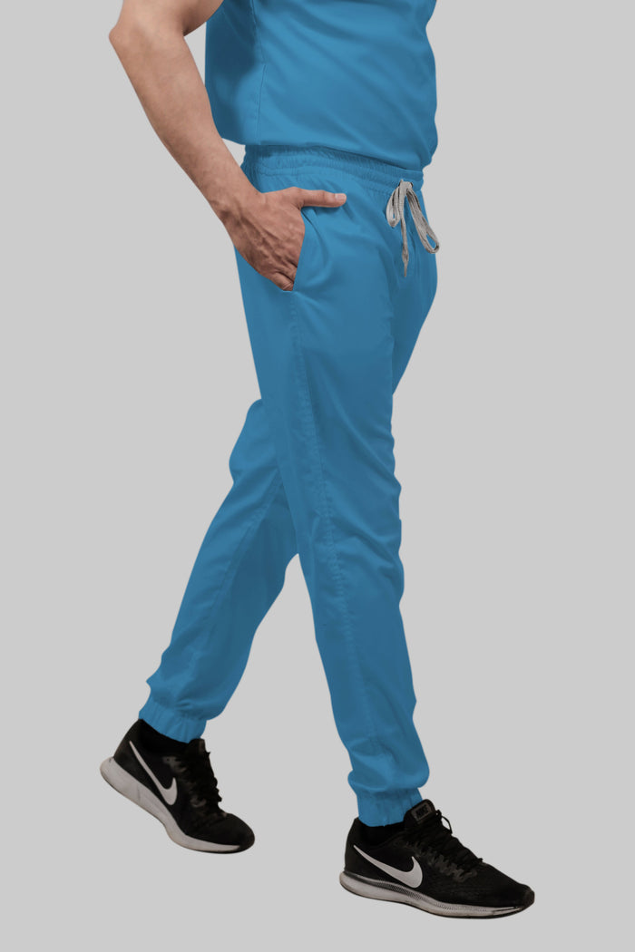 Stretchable (2Way) Women Peacock Blue Mandarin Neck With Jogger Scrub Set