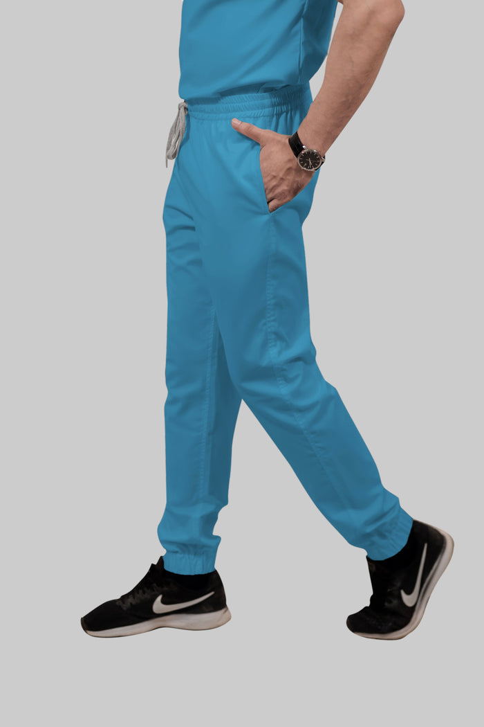 Stretchable (2Way) Women Peacock Blue Mandarin Neck With Jogger Scrub Set