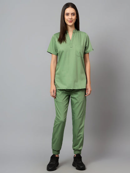 Stretchable (2Way) Women Pista Green Mandarin Neck With Jogger Scrub Set