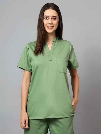 Stretchable (2Way) Women Pista Green Mandarin Neck With Jogger Scrub Set
