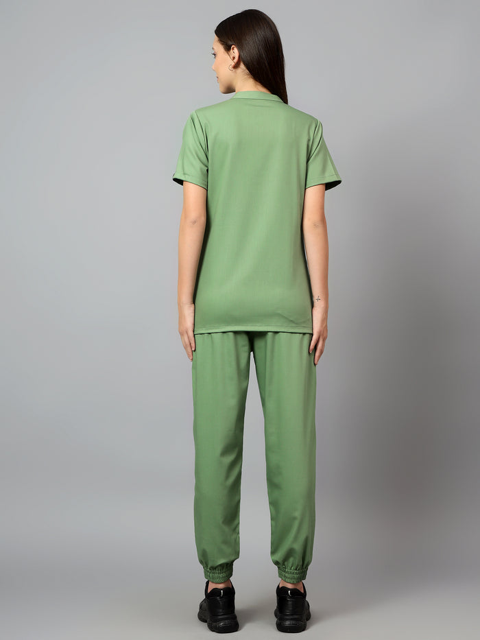 Stretchable (2Way) Women Pista Green Mandarin Neck With Jogger Scrub Set