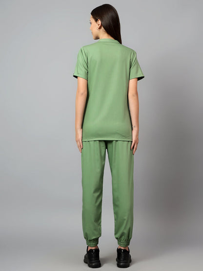 Stretchable (2Way) Women Pista Green Mandarin Neck With Jogger Scrub Set