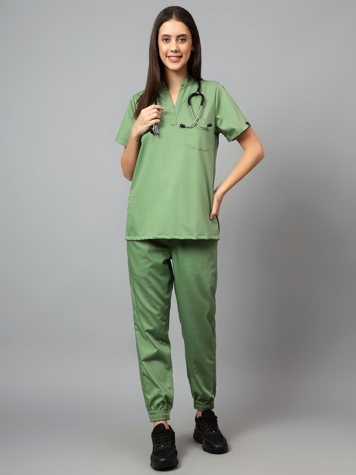 Stretchable (2Way) Women Pista Green Mandarin Neck With Jogger Scrub Set