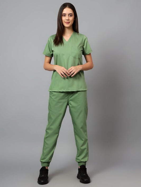 Stretchable (2Way) Women Pista Green V-Neck With Jogger Scrub Set