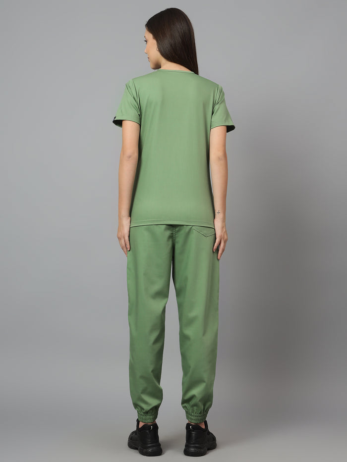 Stretchable (2Way) Women Pista Green V-Neck With Jogger Scrub Set
