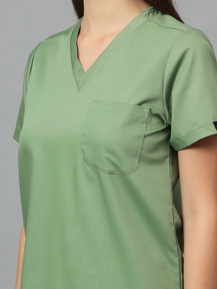 Stretchable (2Way) Women Pista Green V-Neck With Jogger Scrub Set