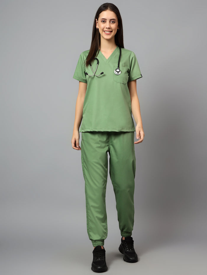 Stretchable (2Way) Women Pista Green V-Neck With Jogger Scrub Set