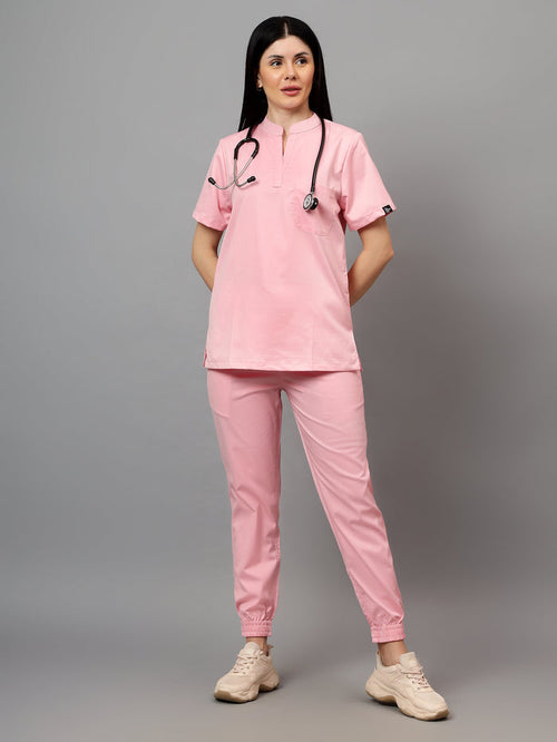 Stretchable (2Way) Women Powder Pink Mandarin Neck With Jogger Scrub Set