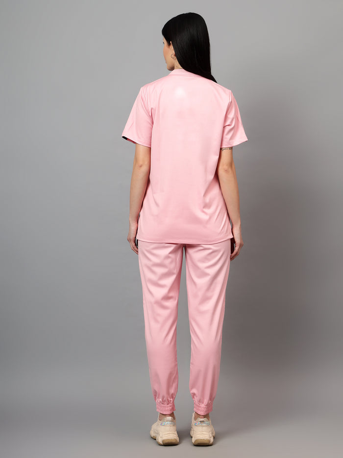 Stretchable (2Way) Women Powder Pink Mandarin Neck With Jogger Scrub Set