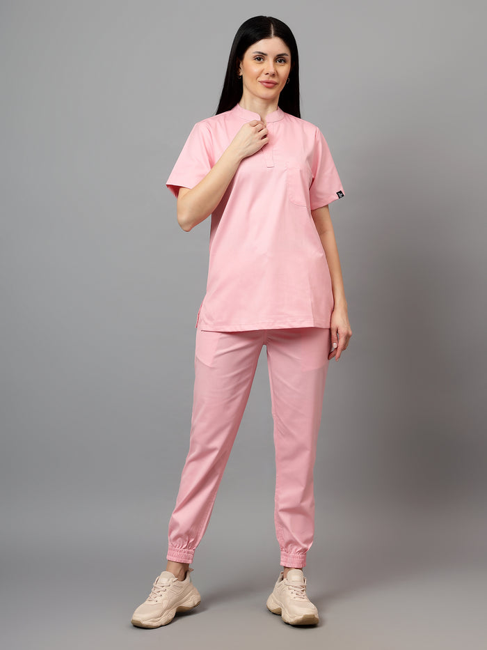 Stretchable (2Way) Women Powder Pink Mandarin Neck With Jogger Scrub Set