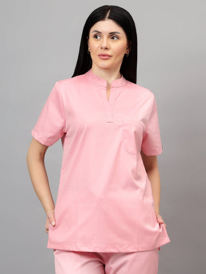 Stretchable (2Way) Women Powder Pink Mandarin Neck With Jogger Scrub Set