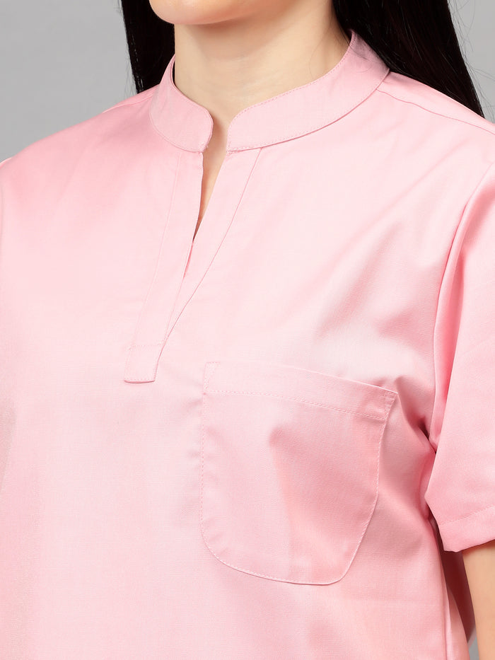 Stretchable (2Way) Women Powder Pink Mandarin Neck With Jogger Scrub Set