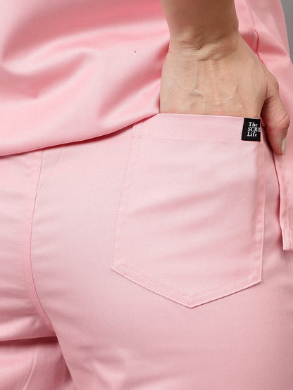 Stretchable (2Way) Women Powder Pink Mandarin Neck With Jogger Scrub Set